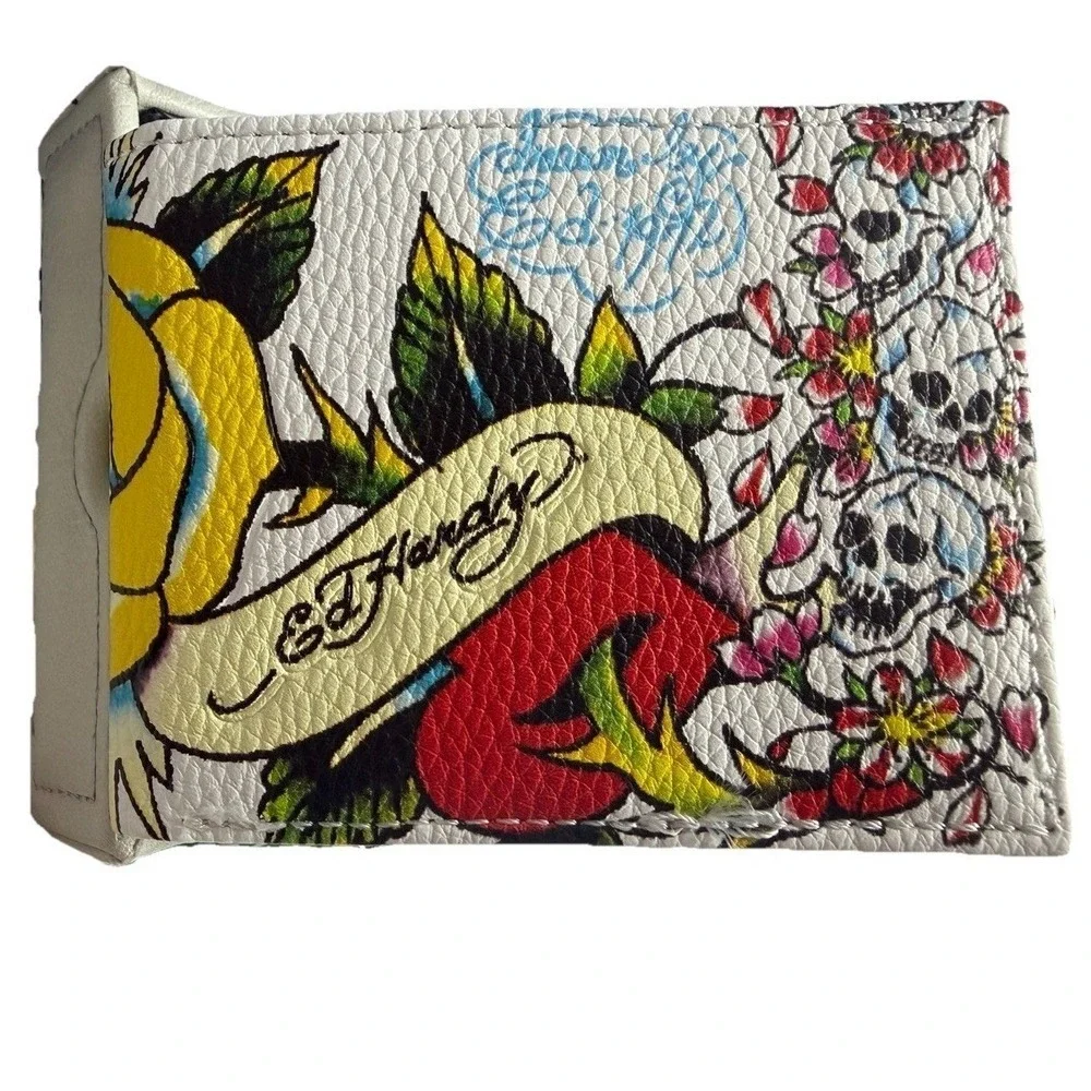 Ed Hardy Men Offwhite Wallet Bi-fold Valet Tray PU Leather My Love True Tattoo